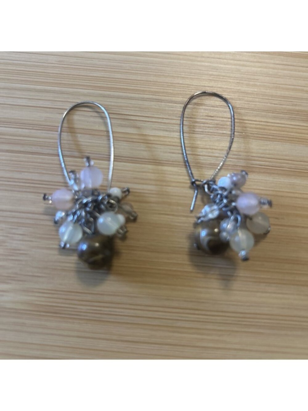 Light Pink & Brown Cluster Faceted Plastic Bead Drop Earrings W/ Silver Tone